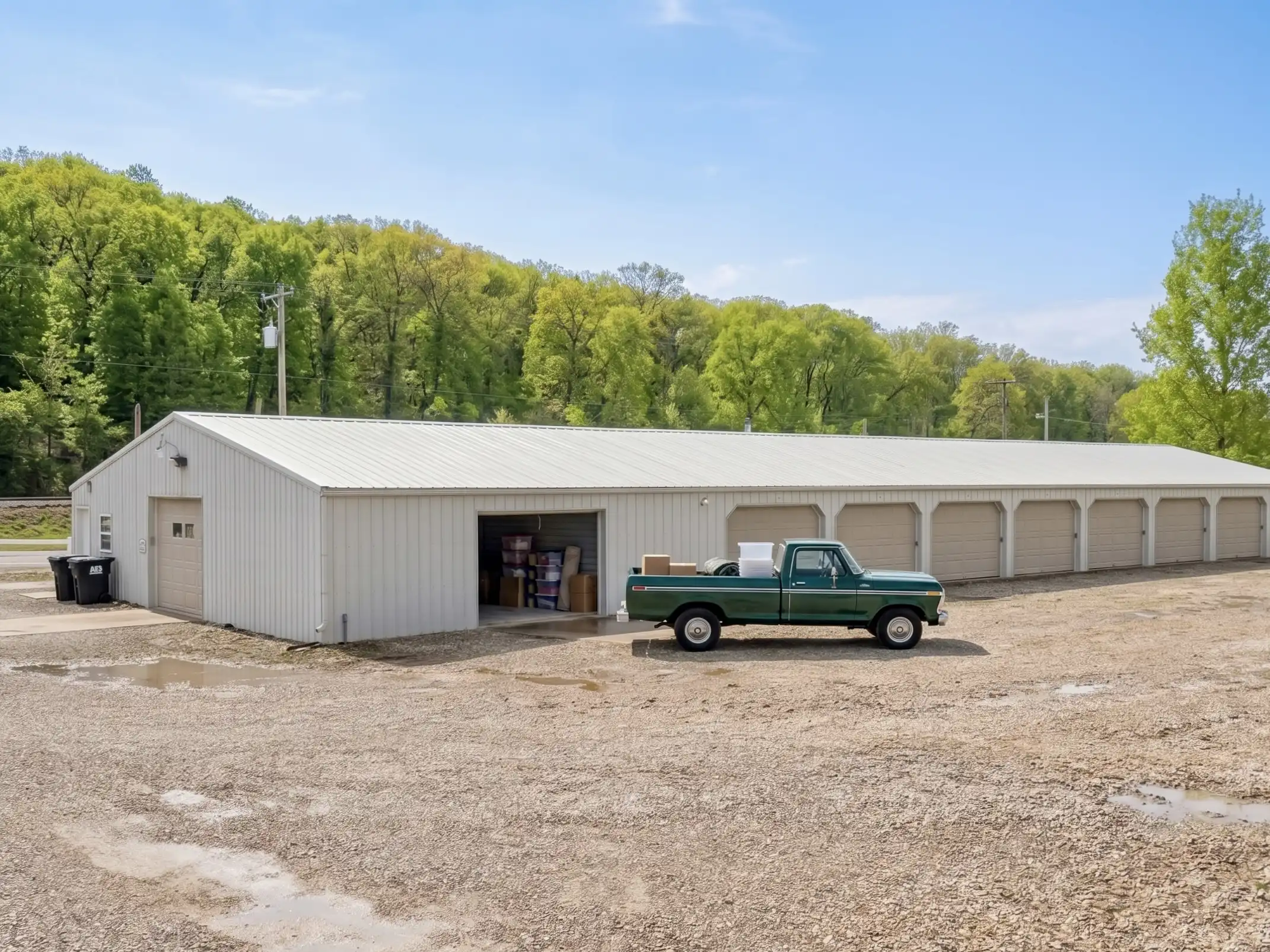 GSG Self Storage facility with open gravel lot off Highway 54