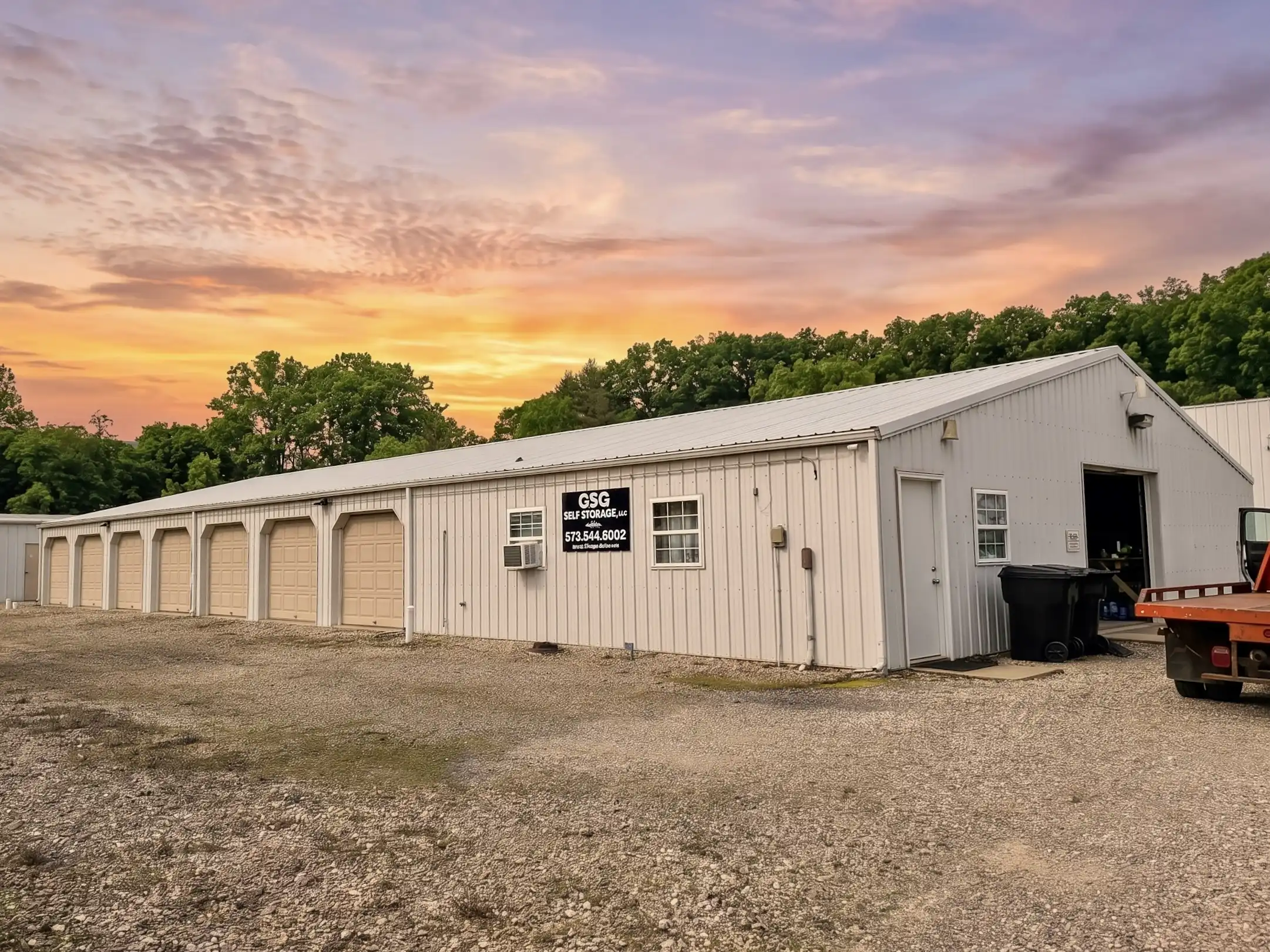 GSG Self Storage office building with sign on Highway 54 in Holts Summit, MO