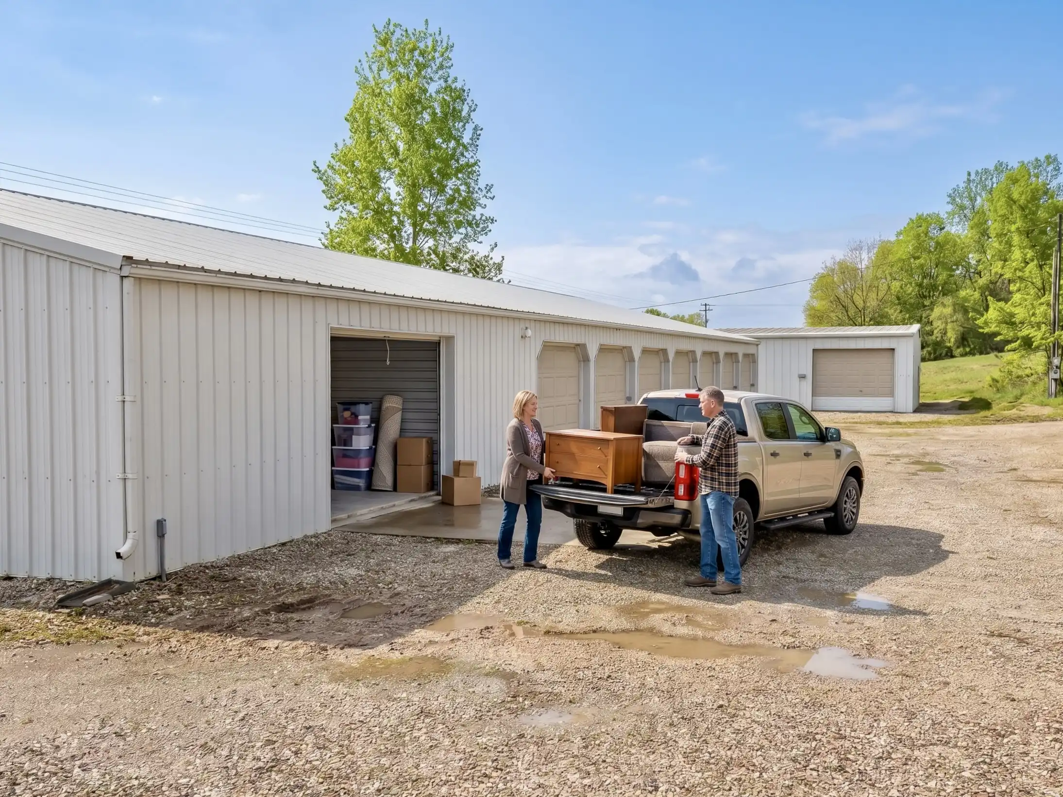 Wide gravel drive with room to park RVs and boats at GSG Self Storage